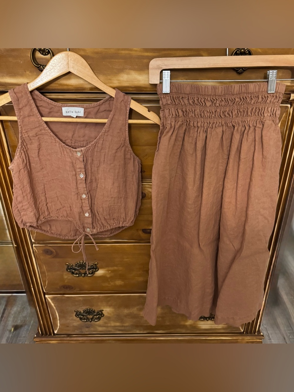 Bella Dahl 100% Linen Two Piece Set Cinnamon Clay Crop Top Midi Skirt XS